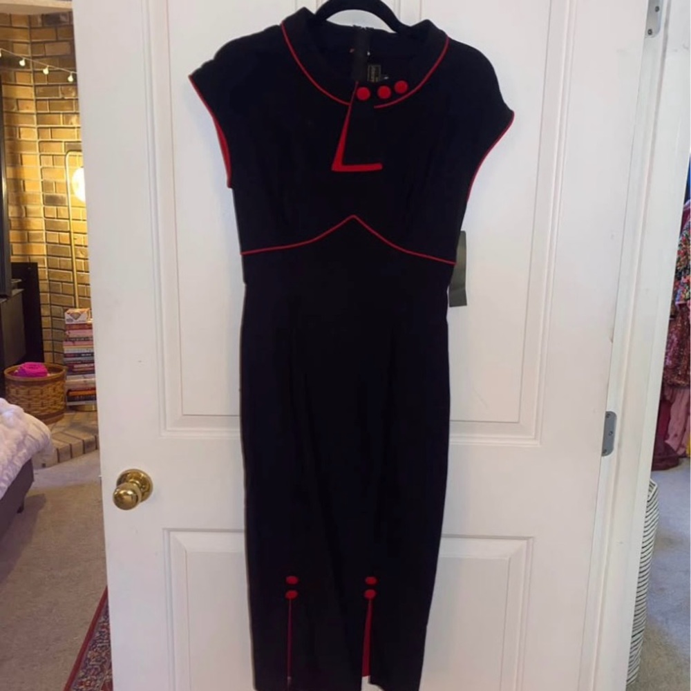 Stop Staring! Black Wiggle Dress with Red Trim